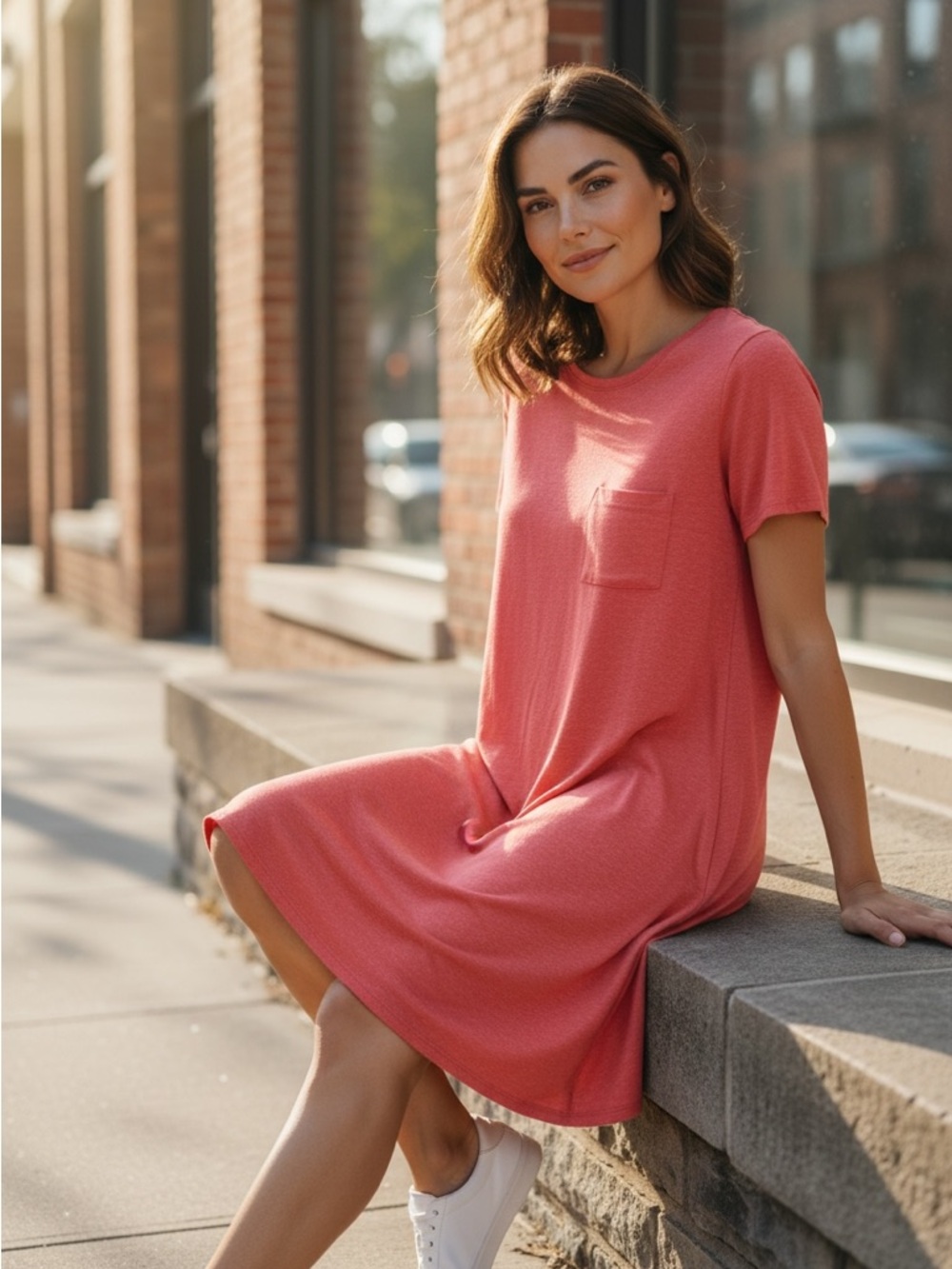 LuLaRoe Coral-Red Short Sleeve Dress with Pocket